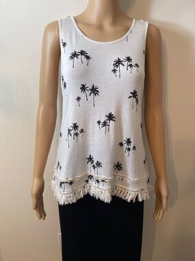 W5 Tank Top Black Palm Tree Print and Fringe